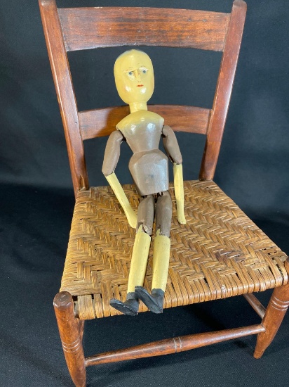 15" Primitive peg hand painted wooden doll