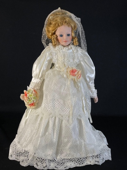20" Porcelain doll in a white floral wedding dress w/ stand