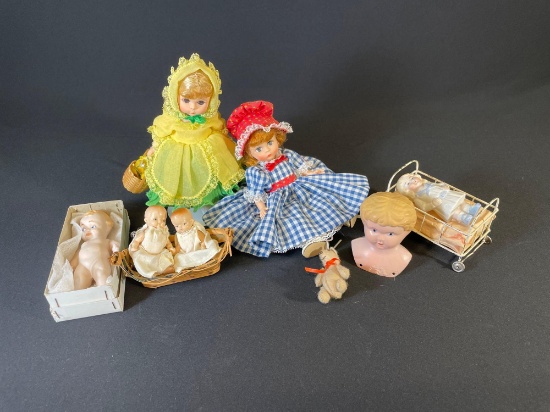 Assortment of bisque dolls, doll clothing & other collectibles -see photo's-