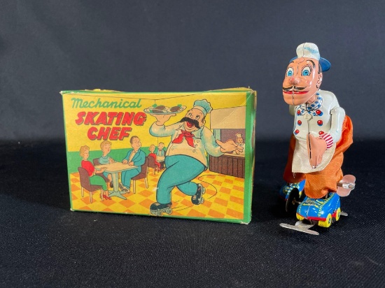 T.P.S. Japan Mechanical Skating Chef Tin Litho Wind Up Toy w/ Original Box