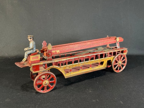 Antique horse drawn fire ladder wagon, pressed steel hill climber w/ driver