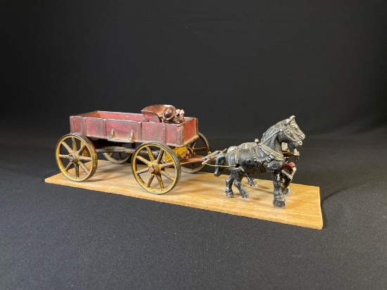 Antique Kenton Toys cast iron horse & buggy mounted to wood plank