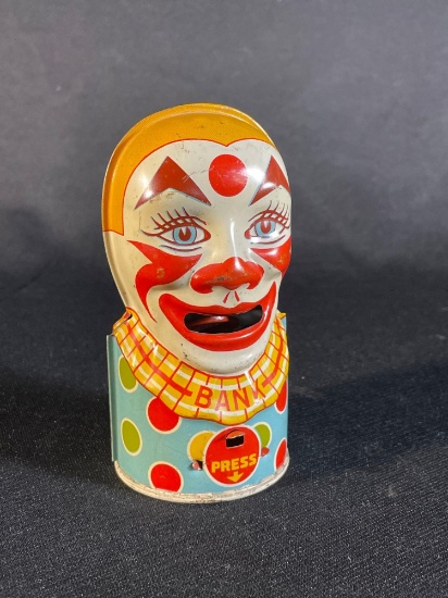 5" J. Chein & Co. Clown Litho Bank w/ Coin Takin Tongue