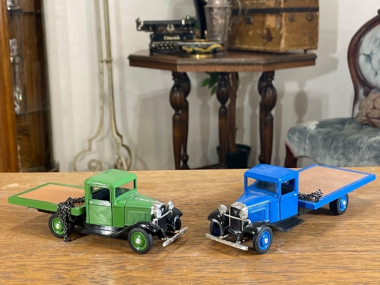1934 Ford Motor Co. Blue Flatbed Truck, 1934 Green Ford Platform Truck both W/Chains