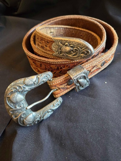 Western hand tooled belt, Vogt silver buckle with keeper and tip, size 36
