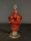McKee Glass Co. 1920/1930's Rock Crystal Cranberry Red Footed W/Lid Candy Dish 10