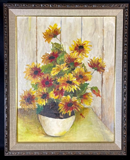 Still life painting of yellow flowers in bowl