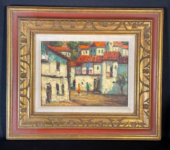 Oil painting on canvas depiction of a "street scene"
