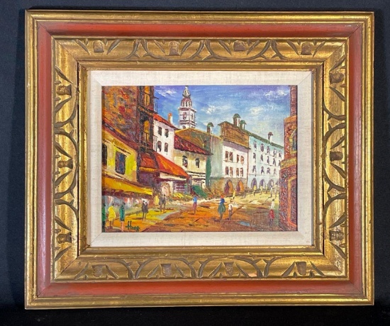 Oil painting on canvas depiction of a "street scene"