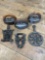 Assortment of (3) sad irons w/ trivet stands, see photo's
