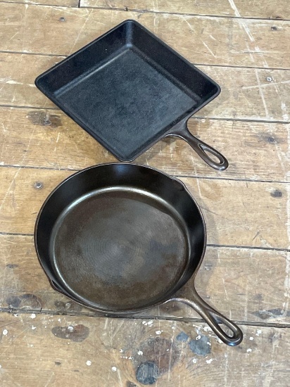 SK cast iron square skillet & 8" SK skillet