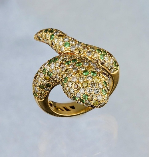 Custom 18k Yellow Gold Snake ring with 227 pave diamonds and green garnets