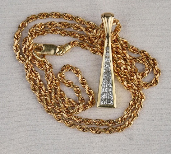 14K Yellow Gold Diamond Pendant on 14K 24" rope chain