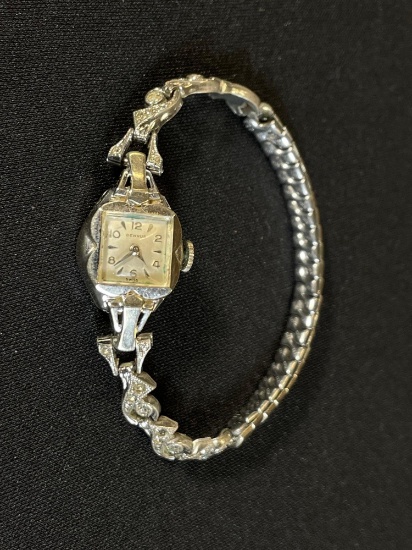 14k White gold Benrus watch with White stones in watch lug panels
