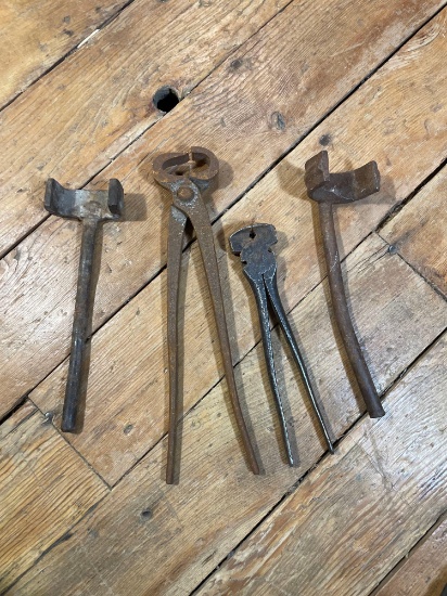 Farrier Tongs, (2) Wagon Wheel Hub Wrenches & Fencing Pliers