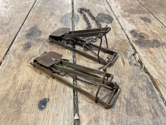(2) Vintage Green Victor Pressed Metal Gopher Traps