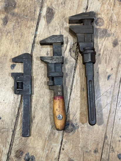 Billings 12" Monkey Wrench, Monkey Wrench w/ Wooden Handle, & Wakefield No. 19 Adjustable AutoWrench