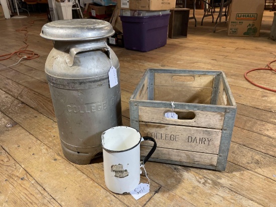 W.W. College Dairy, Wood & Metal Crate, Enameled Metal Bucket, College Dairy Cream Can
