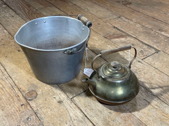 Wear-Ever No. 5 Aluminum Bucket w/ Wooden Handle & Brass Tea Pot/Kettle