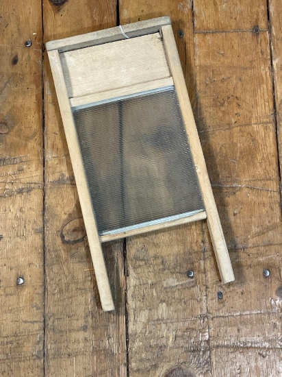 Vintage Ribbed Glass & Wood Washboard