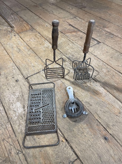 All In One Slat Cheese Grater, (2) Wooden Handled Potato Mashers, (1) Cocktail Strainer