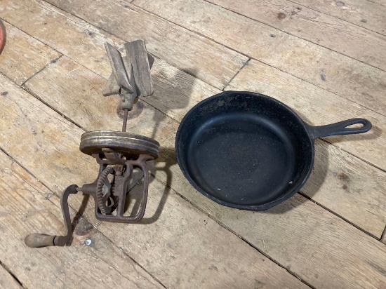 No. 7 Cast Iron Skillet & Hand Crank Churn(Missing Jar)