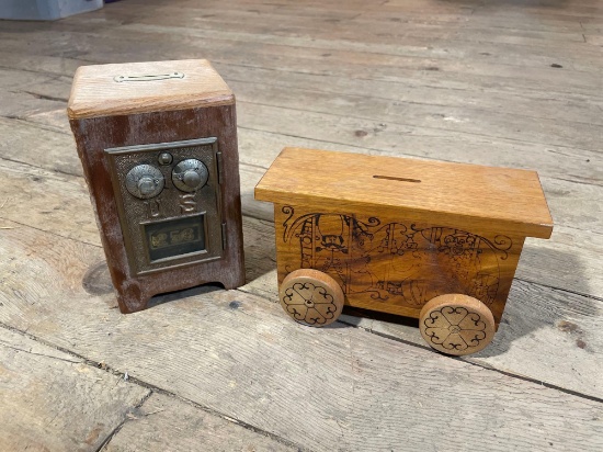 2 Dial U.S.P.S. Post Office Bronze Lock Box & Toystalgin 1976 Wood Coin Bank Circus Train Car