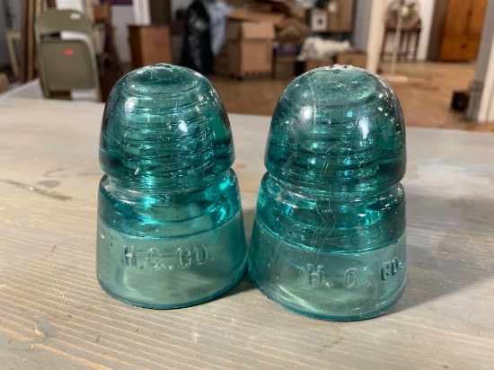 (2) H.G.Co. Deep Blue Glass Beehive Insulators
