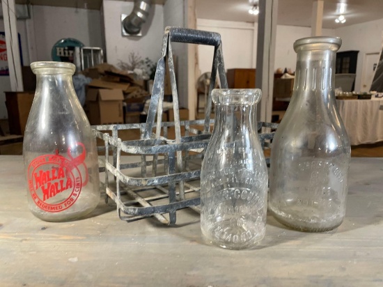 Bottle Caddy & (3) Milk Bottles