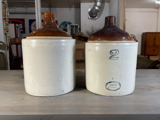 (2) Stoneware 2-Gallon Two Tone Whiskey/Water Jug w/ Finger Loop