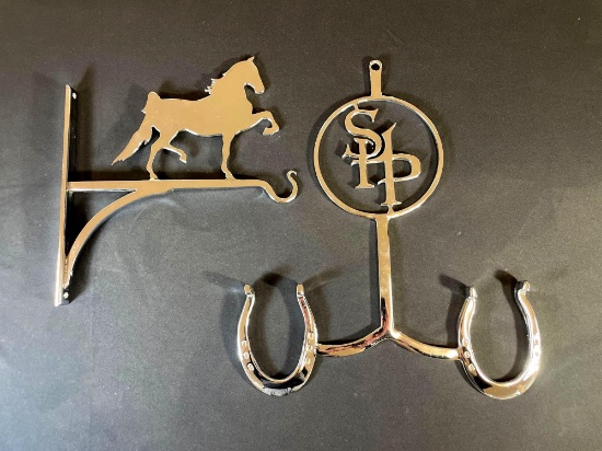 Chrome Plated Wall Mounted Tack Holder "SHP" Double Horse Shoe & Prancing Horse Finial