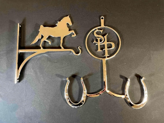 Chrome Plated Wall Mounted Tack Holder "SHP" Double Horse Shoe & Prancing Horse Finial