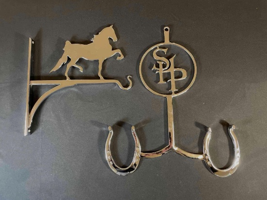 Chrome Plated Wall Mounted Tack Holder "SHP" Double Horse Shoe & Prancing Horse Finial