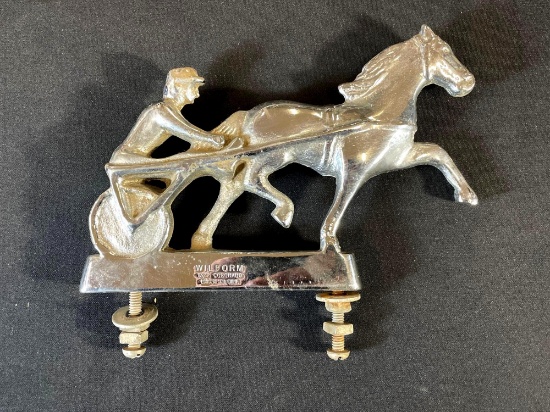 Wilform 1950's Chrome Plated Hood Ornament Of Trotter Pullling Sulky