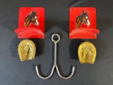 Pair Of Gilt Horse Ashtrays Pair Of Harness Holders & Cleaning Hooks
