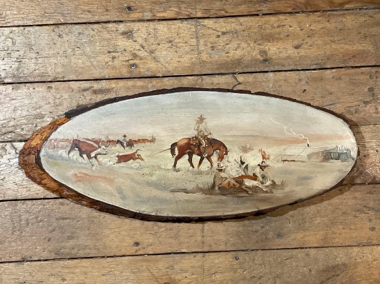 Painting On Board Depicting Cattle Ranch Scene