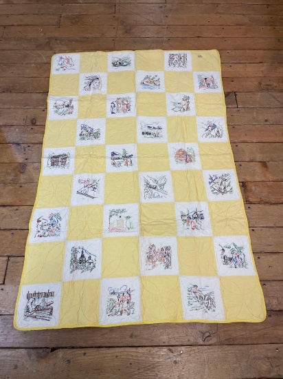 late-19th century, made from repurposed feed sacks. The quilt features a patchwork design
