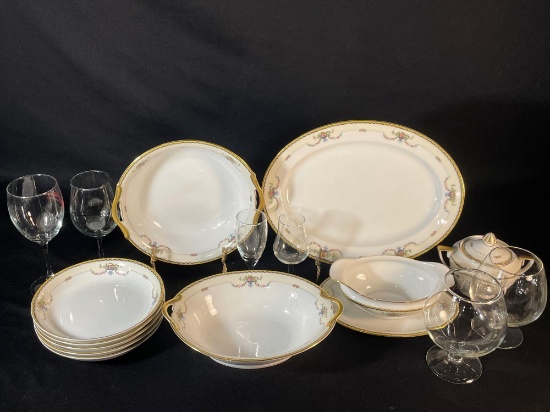 Lead Crystal Bowl, Noritake Rosemary China Set, Wine Glass, & (2) Brandy Snifters