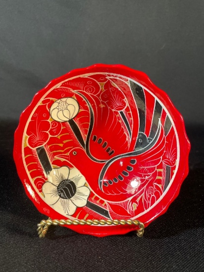 hand-painted Mexican pottery bowl, likely from the Tonala region of Jalisco, Mexico