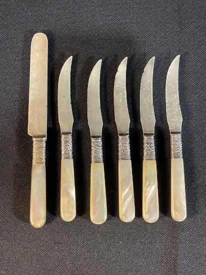 (5) Meriden Cutlery Co.1855 Sterling Banded Stainless Steel Blade Mother Of Pearl Handled Knifes