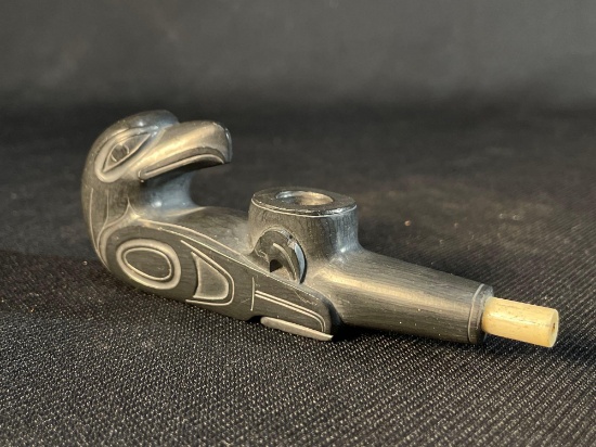 Fine Northwest Coast Haida Gwai Argillite Pipe Ivory Stem, Engraved Bottom "88 Earl Jones Eagle"