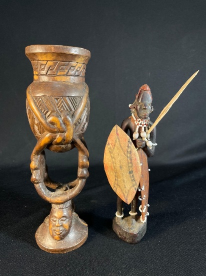 South African Ceremonial Cup & Maasai Carved Warrior