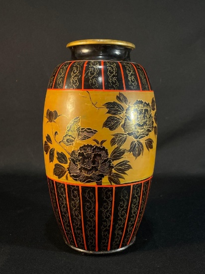 vintage black lacquered vase with a hand-painted floral design