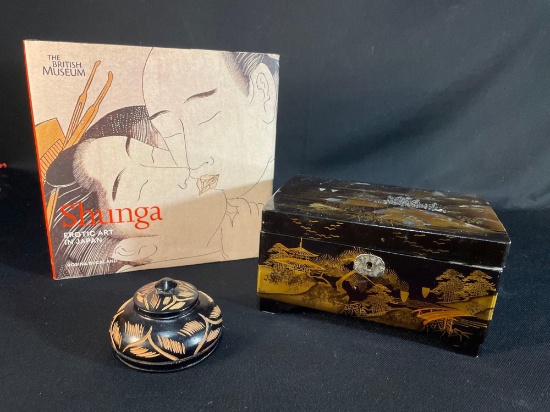Japanese Laquerware Jewelry Box, Lidded Jar & The British Museum Book Shunga