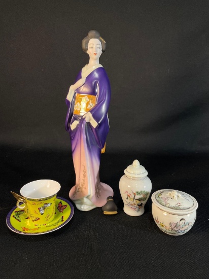 Geisha Decanter, Lidded Jars, & Teacup w/ Saucer