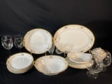 Lead Crystal Bowl, Noritake Rosemary China Set, Wine Glass, & (2) Brandy Snifters