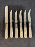 (5) Meriden Cutlery Co.1855 Sterling Banded Stainless Steel Blade Mother Of Pearl Handled Knifes
