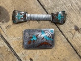 NAVAJO STERLING TURQUOISE CORAL CHIP INLAY PEYOTE BIRD BUCKLE & Watch Band