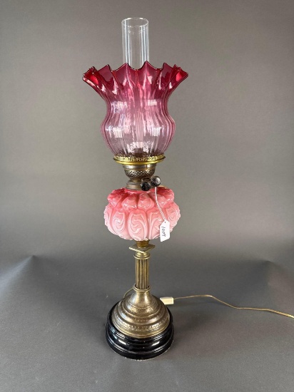 Cased pink font, cranberry shade lamp