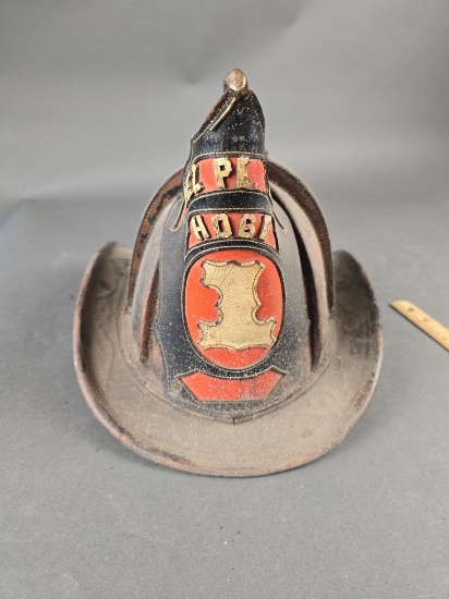 Rare, Nez Perce leather firemans helmet late 1800s. Nez Perce county helmet. 2 letters missing from